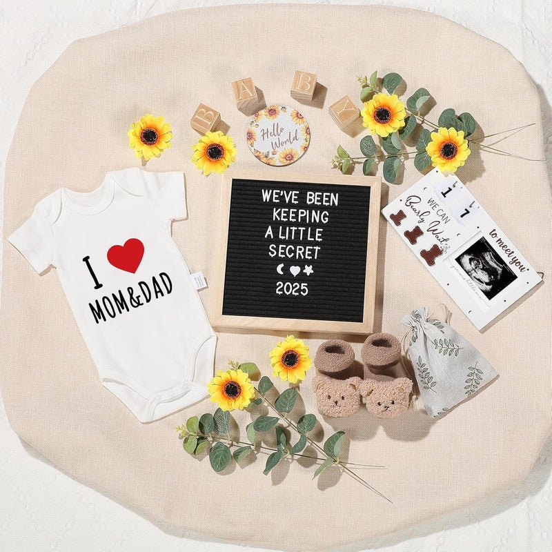 OFUSUY 11 Pcs Pregnancy Announcement Set, Baby Reveal Ideas Include Felt Letter Board Sonogram Picture Frame Baby Bodysuit Bear Booties for Pregnancy Announcement Photo Props Coming Soon Baby Announcement - Image 1